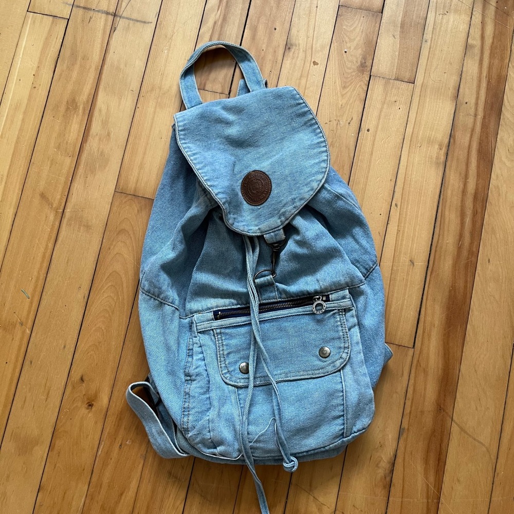 Vintage Denim Backpack Light Wash Drawstring Flap Pocket School Bag